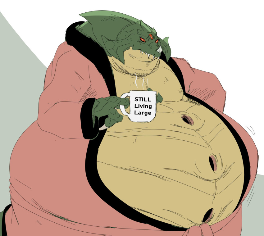 2022 alien anthro bathrobe belly big_belly claws clothing coffee_mug container cup deep_navel english_text fangs green_body green_scales hi_res horn kraid looking_at_viewer male metroid navel nintendo overweight pink_robe reagan700 red_eyes robe scales scalie slightly_chubby solo text video_games