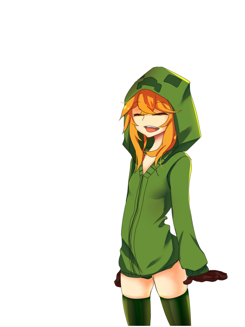 1girl at2. black_gloves blush brown_hair closed_eyes creeparka creeper cupa_(at2.) eyebrows_visible_through_hair facing_viewer gloves green_hoodie green_legwear highres hood hoodie long_sleeves medium_hair minecraft open_mouth personification smile solo teeth thighhighs upper_teeth