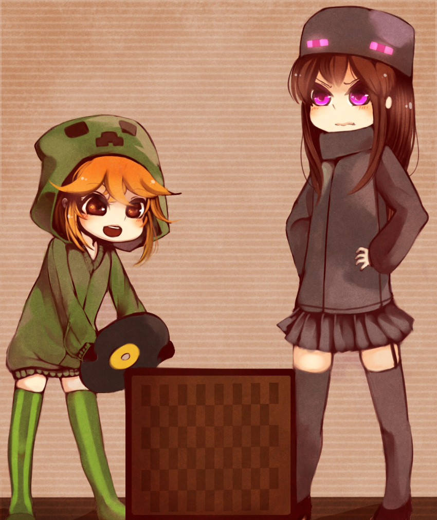 2girls ander_(at2.) at2. black_legwear black_skirt blush brown_eyes brown_hair chibi closed_mouth creeparka creeper cupa_(at2.) enderman eyebrows_visible_through_hair garter_straps green_hoodie green_legwear highres hood hoodie jukebox long_hair long_sleeves looking_at_another looking_away medium_hair minecraft multiple_girls open_mouth personification pleated_skirt purple_eyes record skirt smile thighhighs