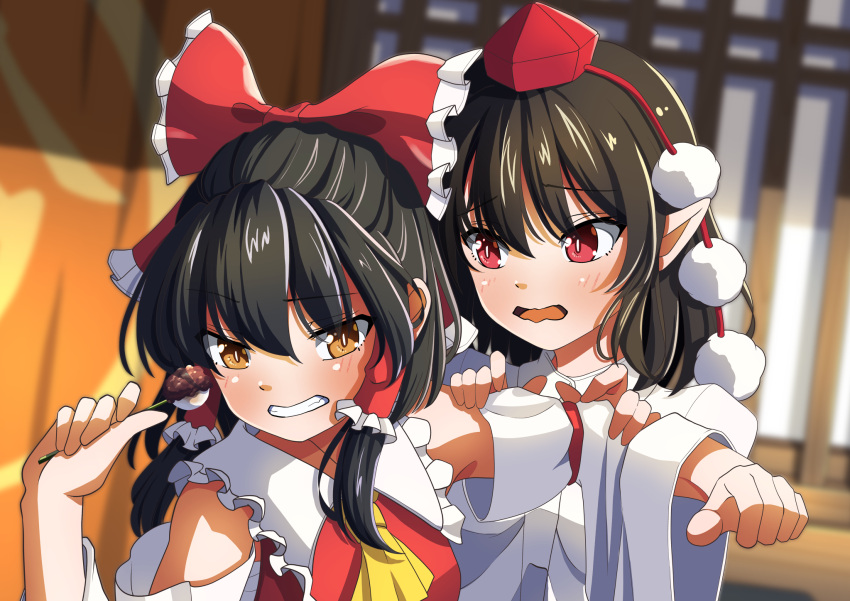 2girls amanoyayuki ascot bangs bare_shoulders black_hair blush bow brown_eyes brown_hair collared_shirt collared_vest commentary_request dango food frilled frilled_bow frills hair_bow hair_tubes hakurei_reimu hat highres holding_another's_arm long_sleeves multiple_girls open_mouth pointy_ears pom_pom_(clothes) puffy_short_sleeves puffy_sleeves red_bow red_eyes red_headwear red_ribbon red_vest ribbon shameimaru_aya shirt short_hair short_sleeves sidelocks tokin_hat touhou vest wagashi wavy_mouth white_shirt white_sleeves wide_sleeves yellow_ascot
