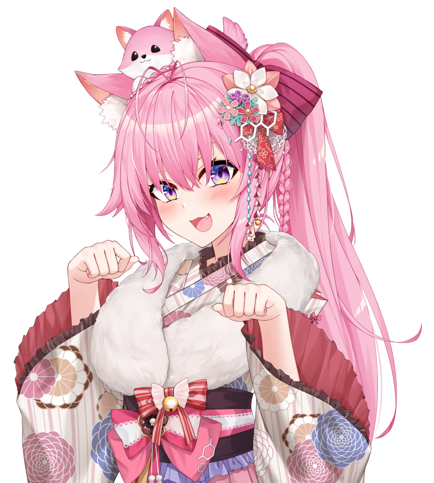 1girl :3 :d absurdres animal_ear_fluff animal_ears animal_on_head bangs blush braid commentary coyote_ears crown_braid fang flower frilled_sleeves frills fur_collar hair_between_eyes hair_flower hair_ornament hakui_koyori healther highres hololive japanese_clothes kimono long_hair looking_at_viewer new_year obi on_head open_mouth paw_pose petals pink_hair ponytail purple_eyes sash simple_background smile solo teeth upper_teeth virtual_youtuber white_background wide_sleeves