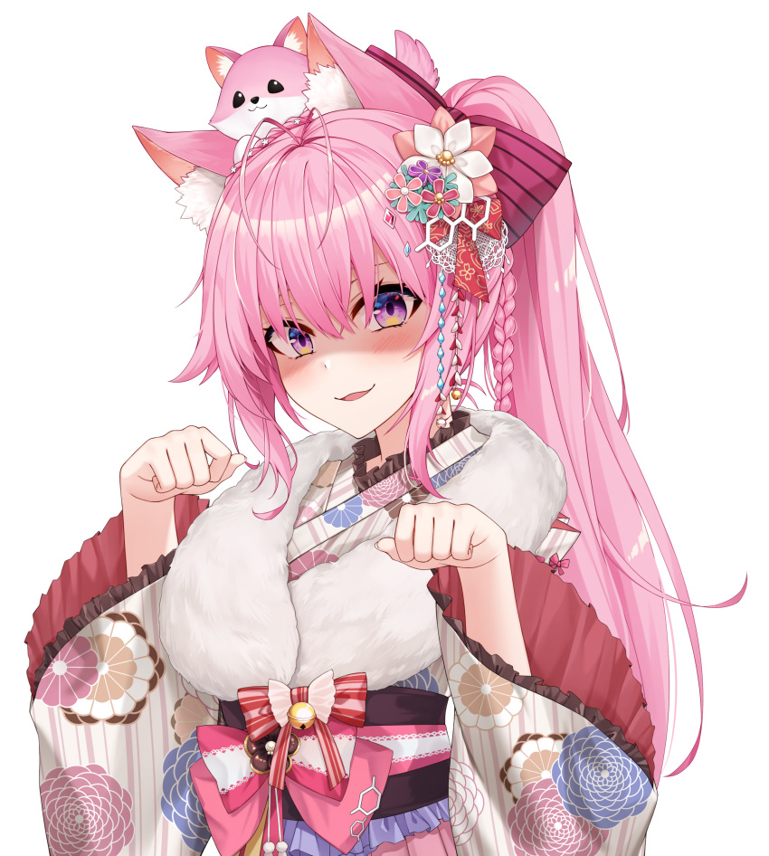 1girl :3 absurdres animal_ear_fluff animal_ears animal_on_head bangs blush braid commentary coyote_ears crown_braid fang flower frilled_sleeves frills fur_collar hair_between_eyes hair_flower hair_ornament hakui_koyori healther highres hololive japanese_clothes kimono long_hair looking_at_viewer new_year obi on_head parted_lips paw_pose petals pink_hair ponytail purple_eyes sash shaded_face simple_background smile solo teeth upper_teeth virtual_youtuber white_background wide_sleeves