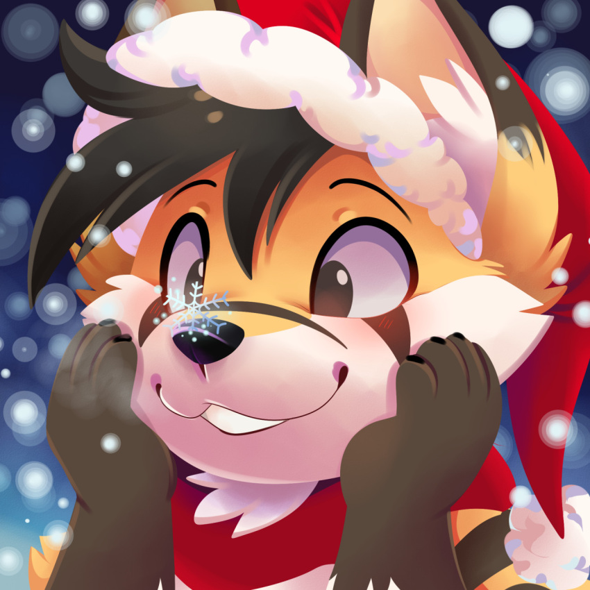 anthro blush canid canine christmas christmas_clothing christmas_headwear clothing feve fox fur fur_markings hand_on_face hat headgear headwear hi_res holidays male mammal markings portrait red_scarf santa_hat scarf snow snowflake snowing solo