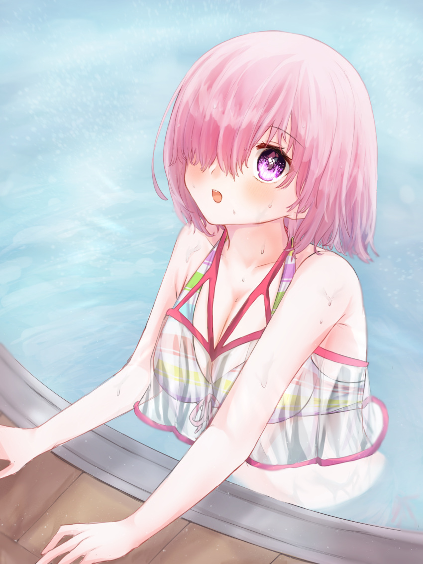 1girl bikini blush collarbone day eyebrows_visible_through_hair fate/grand_order fate_(series) front-tie_bikini front-tie_top hair_over_one_eye harukappa highres looking_up mash_kyrielight medium_hair outdoors partially_submerged pink_hair pool purple_eyes ribbon solo striped striped_bikini swimsuit upper_body