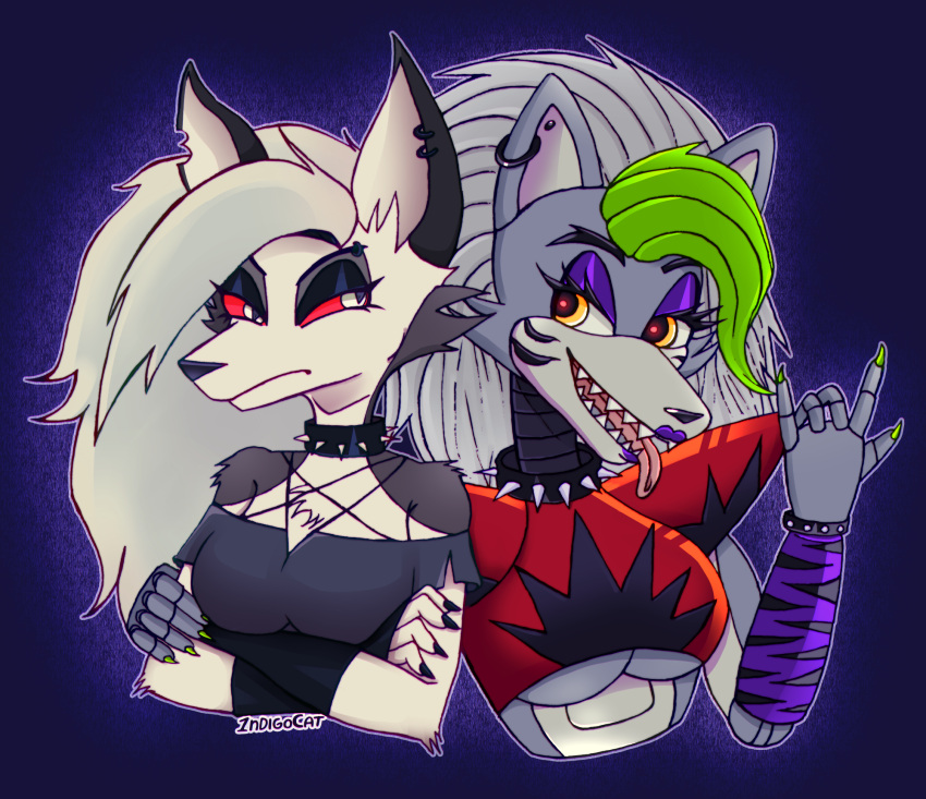 1ndigocat 2022 age_difference angry animatronic anthro armor big_breasts black_claws black_makeup black_stripes body_hair bracelet breasts broken_ear canid canid_demon canine canis chest_hair claws clothing collar demon demon_eyes ear_piercing ear_ring face_stripes female female/female five_nights_at_freddy's five_nights_at_freddy's:_security_breach friends fur green_claws green_hair grey_body grey_fur hair hellhound helluva_boss hi_res jewelry lips long_ears long_neck loona_(helluva_boss) machine mammal neck_spikes piercing purple_lips purple_makeup red_armor robot roxanne_wolf_(fnaf) scottgames sfw_version shark_teeth smile stripes tongue toony video_games waifu white_eyes white_hair wolf yellow_eyes younger_female
