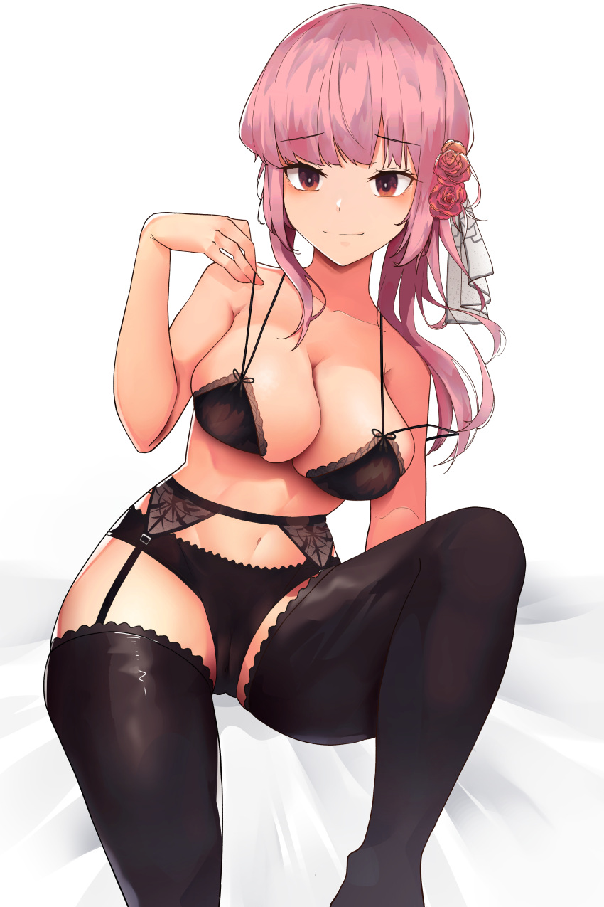 1girl absurdres bangs bare_arms bare_shoulders bed_sheet black_bra black_legwear black_panties blunt_bangs bra breasts cameltoe chirpy cleavage closed_mouth collarbone commentary_request eyebrows_visible_through_hair flower garter_belt garter_straps hair_flower hair_ornament hand_up highres hololive hololive_english knee_up lace-trimmed_bra lace-trimmed_legwear lace-trimmed_panties lace_trim large_breasts lingerie looking_at_viewer mori_calliope navel orange_eyes panties pink_hair rose sagging_breasts simple_background sitting smile solo split_mouth string_bra thighhighs underwear virtual_youtuber white_background