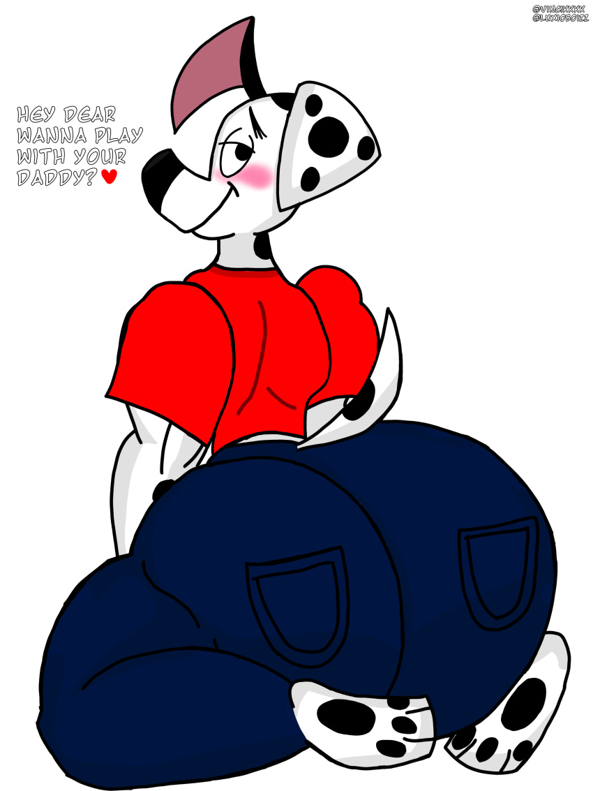 101_dalmatian_street 101_dalmatians absurd_res anthro big_butt butt canid canine canis dalmatian disney domestic_dog dylan_(101_dalmatians) girly hi_res looking_at_viewer looking_back looking_back_at_viewer luxioboi22 male mammal mature_anthro mature_male simple_background solo vincikkkk white_background