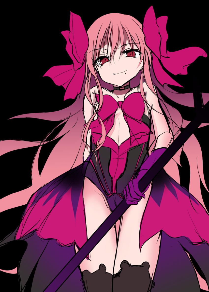 1girl bangs bare_shoulders black_background black_legwear black_leotard bow brown_hair closed_mouth collarbone dead_apostle_noel_(tsukihime) eyebrows_visible_through_hair gloves hair_between_eyes highres holding l-trap leotard long_hair looking_at_viewer mole mole_under_mouth pink_bow purple_gloves red_eyes simple_background smile solo thighhighs tsukihime tsukihime_(remake) very_long_hair