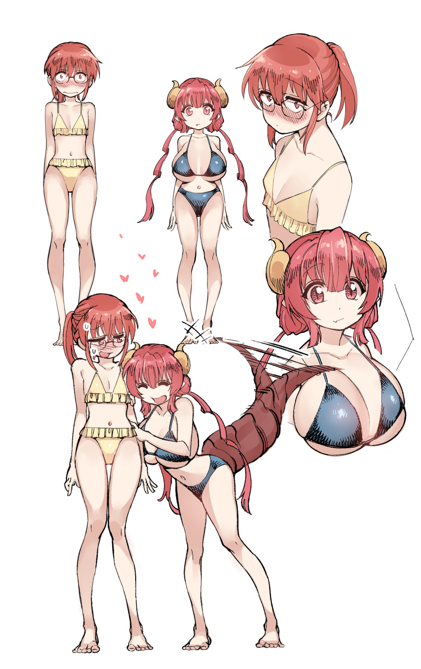 2girls absurdres bikini blush breasts cleavage dragon_girl dragon_horns dragon_tail frilled_bikini frills glasses heart highres horns huge_breasts ilulu_(maidragon) kobayashi-san_chi_no_maidragon kobayashi_(maidragon) little_mojoi long_hair medium_hair multiple_girls multiple_views navel ponytail red_hair shortstack simple_background standing swimsuit tail tail_wagging twintails white_background yellow_bikini