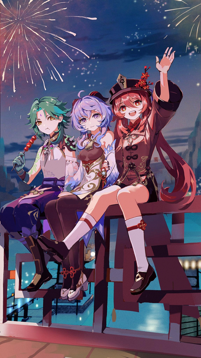 1boy 2girls :d :t arm_up bangs bodystocking brown_eyes brown_hair chinese_commentary commentary_request dango detached_sleeves eating facial_mark fireworks flower flower-shaped_pupils food forehead_mark full_body ganyu_(genshin_impact) genshin_impact gloves green_hair hair_between_eyes hat hat_flower highres horns hu_tao_(genshin_impact) jewelry kneehighs long_hair looking_at_viewer multiple_girls on_railing open_mouth outdoors purple_eyes purple_hair qingxin_gua_yu ring sitting slit_pupils smile symbol-shaped_pupils wagashi white_legwear xiao_(genshin_impact) yellow_eyes