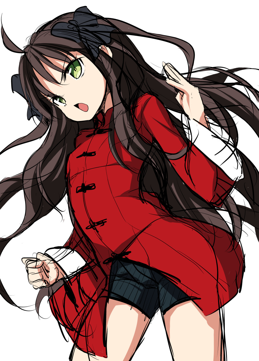 1girl absurdres ahoge arima_miyako bangs black_bow black_hair black_shorts bow eyebrows_visible_through_hair green_eyes hair_bow highres jacket l-trap long_hair long_sleeves melty_blood open_mouth red_jacket short_shorts shorts simple_background sketch solo standing tsukihime very_long_hair white_background wide_sleeves