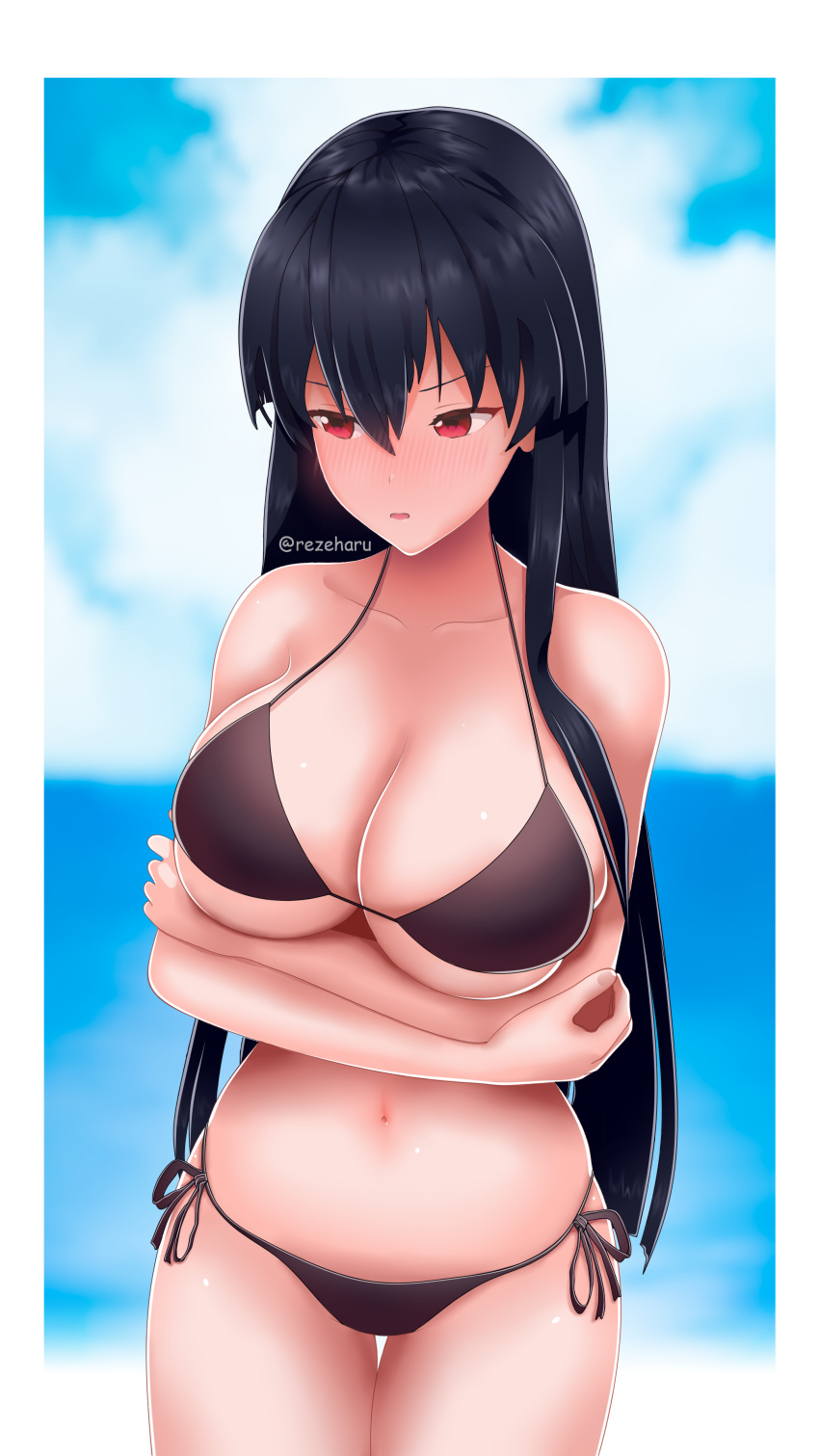 1girl absurdres akame akame_ga_kill! arms_under_breasts artist_name bangs bikini black_bikini black_hair blue_sky blurry blurry_background blush border breast_hold breasts cleavage cloud collarbone commentary cowboy_shot depth_of_field embarrassed hair_between_eyes halter_top halterneck hand_on_own_arm highres large_breasts long_hair navel nose_blush outdoors parted_lips red_eyes rezeharu side-tie_bikini sky solo standing stomach straight_hair swimsuit thigh_gap very_long_hair water white_border