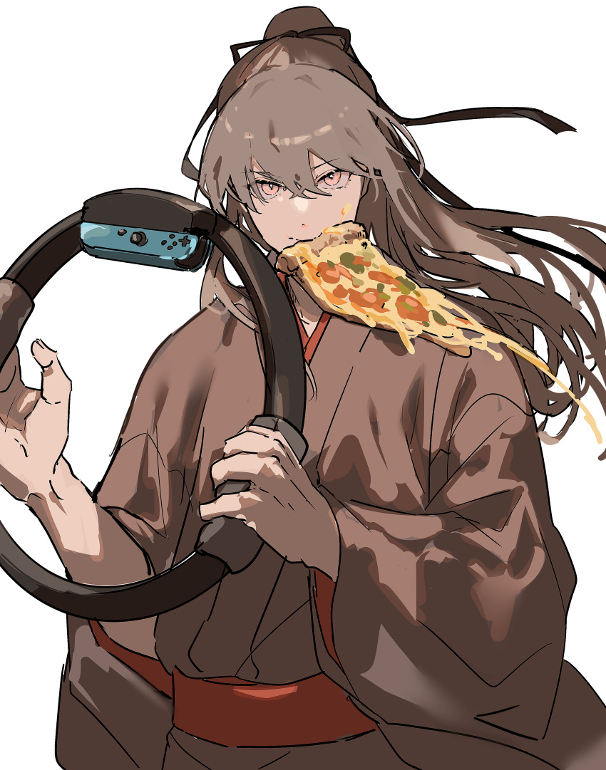 absurdres bangs black_ribbon brown_hair brown_kimono cheese_trail commentary_request eyebrows_visible_through_hair food_in_mouth hair_between_eyes hair_ribbon highres holding japanese_clothes kimono long_hair long_sleeves looking_at_viewer obi ori_(momonimo) original pizza_slice ponytail red_eyes ribbon ring-con ring_fit_adventure sash simple_background solo v-shaped_eyebrows white_background wide_sleeves