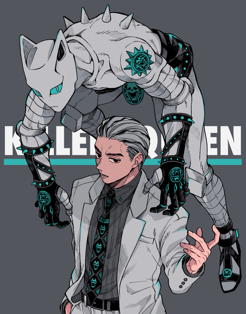 2boys absurdres animal_ears black_hair cat_ears formal gloves hair_slicked_back highres jojo_no_kimyou_na_bouken kawajiri_kosaku killer_queen kira_yoshikage leather leather_gloves male_focus multiple_boys necktie sandals setsunano stand_(jojo) suit