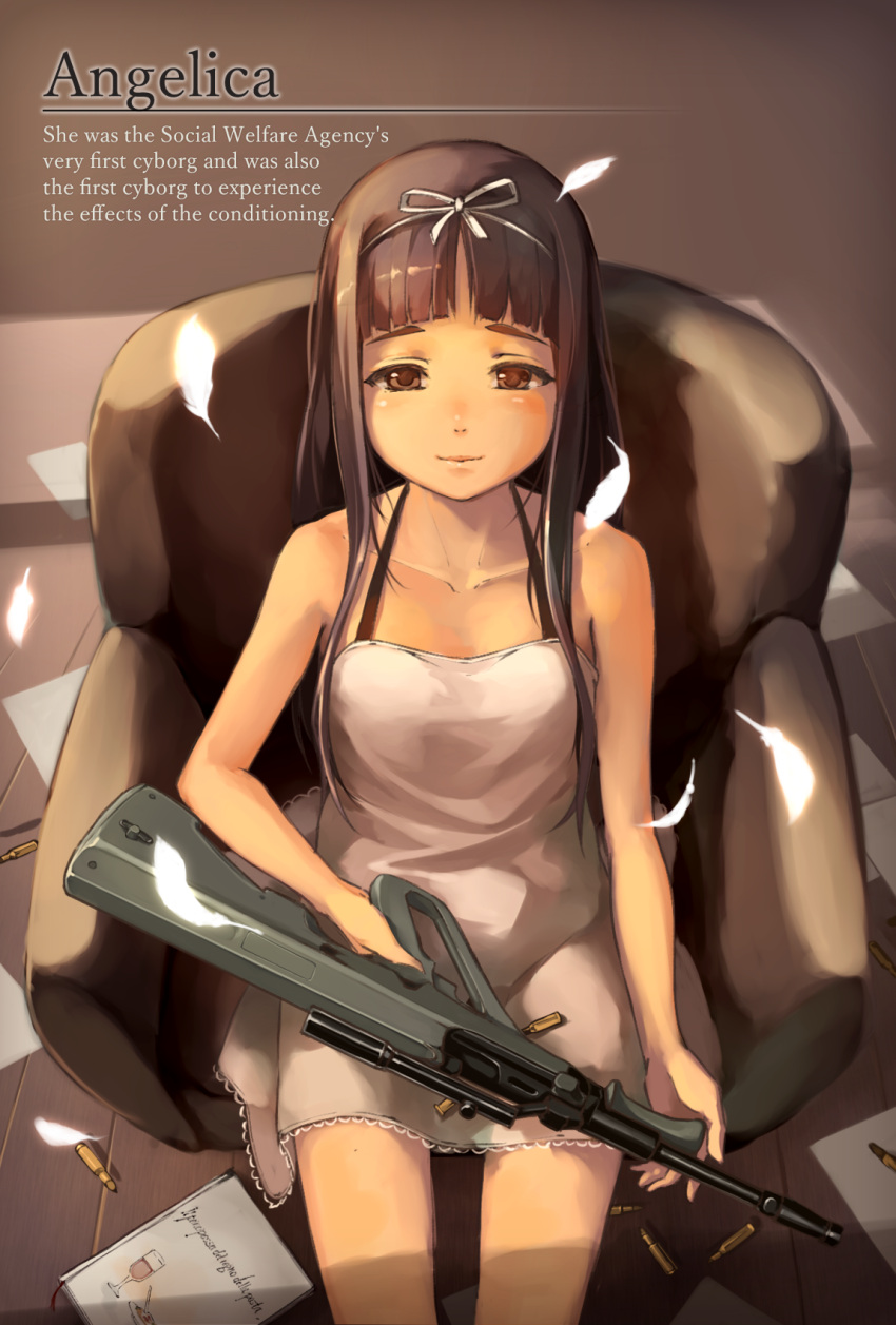 1girl angelica_(gunslinger_girl) armchair assault_rifle bangs bare_arms bare_shoulders blunt_bangs book brown_eyes brown_hair bullet bullpup chair character_name child commentary_request dress english_text feathers feet_out_of_frame foge from_above gun gunslinger_girl hair_ribbon halterneck highres holding holding_gun holding_weapon indoors lace-trimmed_dress lace_trim light_smile long_hair looking_at_viewer paper ribbon rifle short_dress sitting sleeveless sleeveless_dress solo steyr_aug weapon white_dress white_ribbon