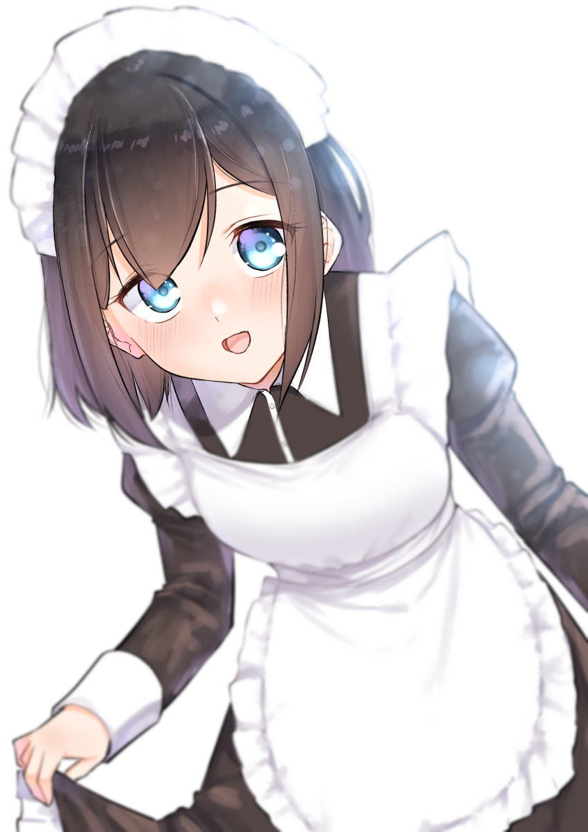 1girl :d apron backlighting bangs black_dress black_hair blue_eyes blush collared_dress commentary_request dress eyebrows_visible_through_hair frilled_apron frills highres juliet_sleeves leaning_to_the_side long_sleeves looking_at_viewer maid maid_apron maid_headdress original puffy_sleeves simple_background skirt_hold smile solo suzunari_shizuku white_apron white_background yuki_arare