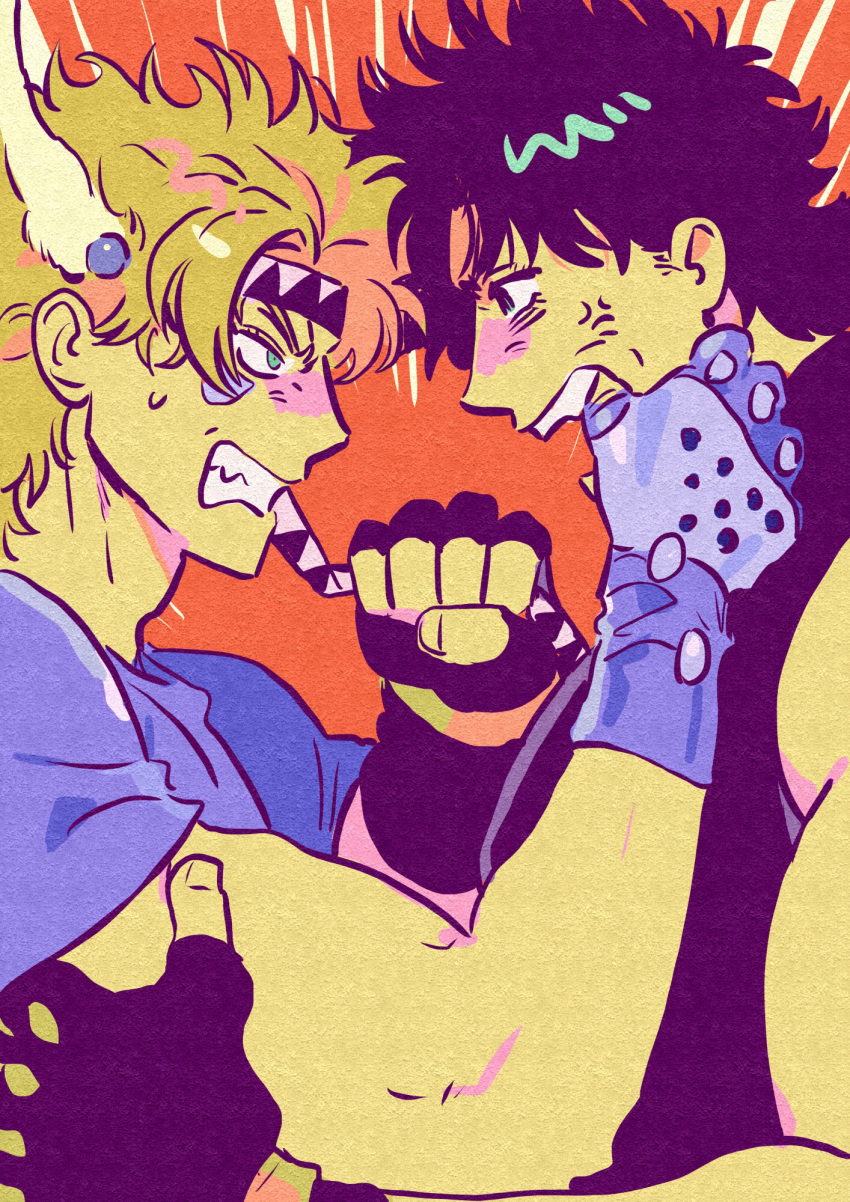 2boys anger_vein battle_tendency biceps black_hair blonde_hair caesar_anthonio_zeppeli cheek_pull facial_mark feather_hair_ornament feathers fighting fingerless_gloves gloves hair_ornament highres jojo_no_kimyou_na_bouken joseph_joestar joseph_joestar_(young) male_focus multiple_boys nitako profile sweat triangle_print