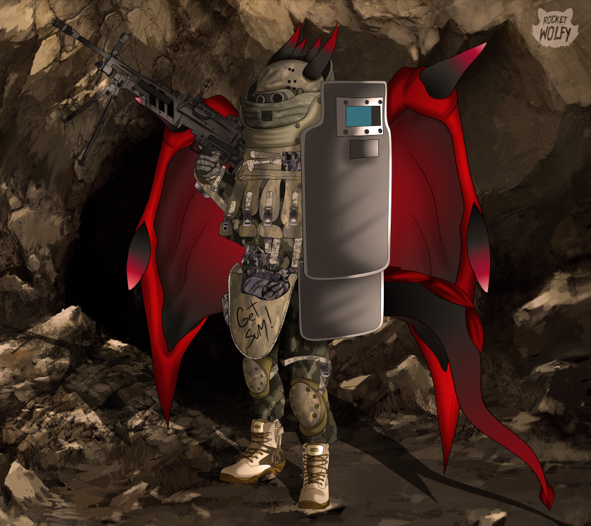 absurd_res animal_humanoid anthro armor boots cavern clothing combat_boots dragon dragon_humanoid footwear full-length_portrait gun headgear helmet hi_res humanoid intersex intersex/intersex juggernaut machine_gun male military military_helmet military_uniform model_sheet portrait ranged_weapon rocketwolfy solo uniform warrior weapon