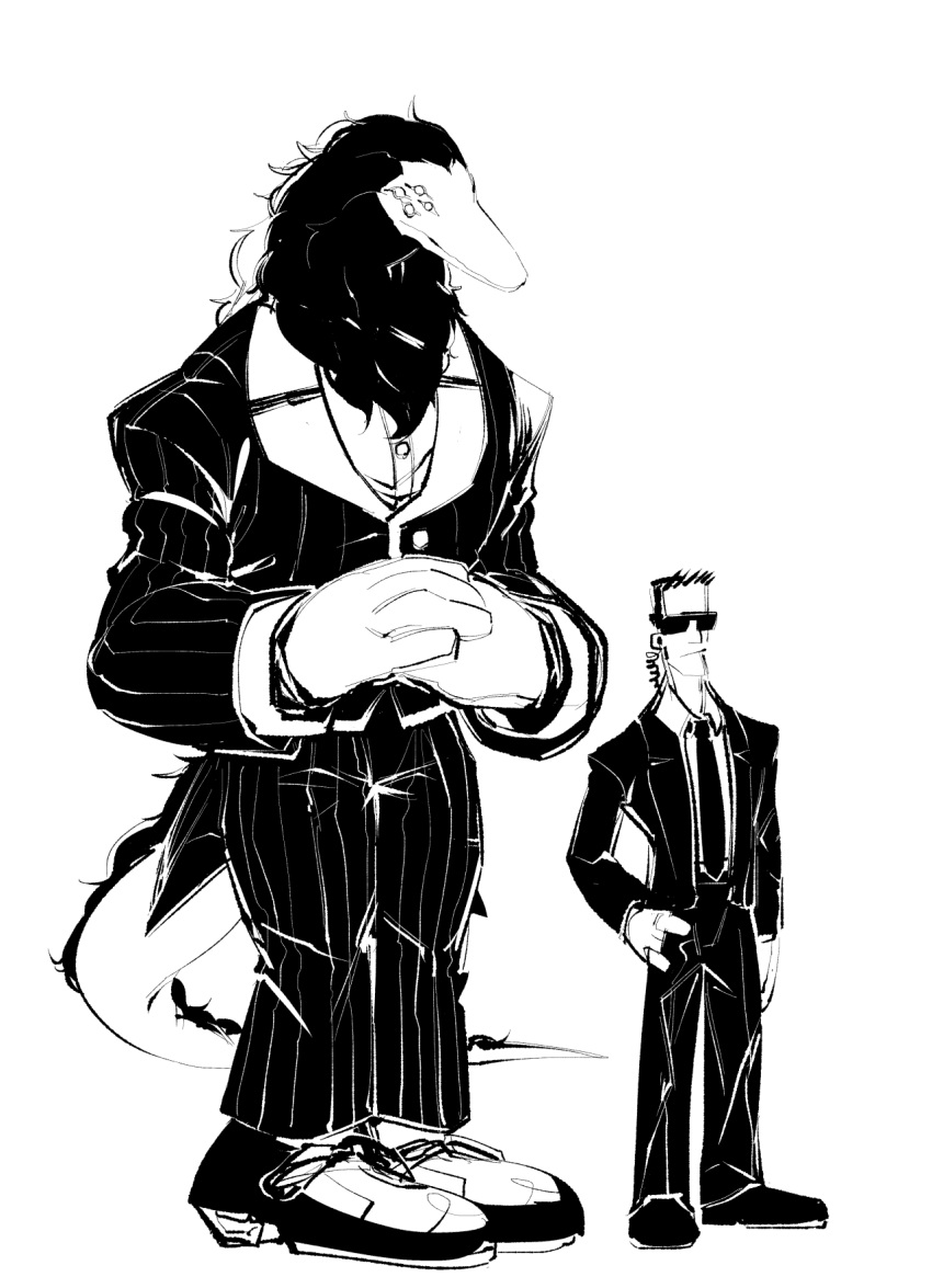 anthro black_and_white black_tie_(suit) butler classy clothed clothing digital_drawing_(artwork) digital_media_(artwork) duo eyewear gloves handwear hi_res human humanoid larger_male male mammal monochrome monster multi_eye muscular muscular_male reptile scalie scp-682 scp-682-b scp_foundation size_difference styx_nacht_ii suit sunglasses text the-hydroxian thick_fur trevor_moses