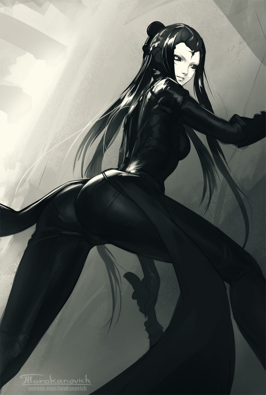 1girl against_wall artist_name ass black_bodysuit black_hair black_legwear black_sclera blame! bodysuit coat colored_sclera commentary english_commentary hair_ornament highres holding holding_weapon legs long_hair looking_at_viewer looking_back pale_skin patreon_username pcell signature silicon_creature solo standing tarakanovich weapon web_address