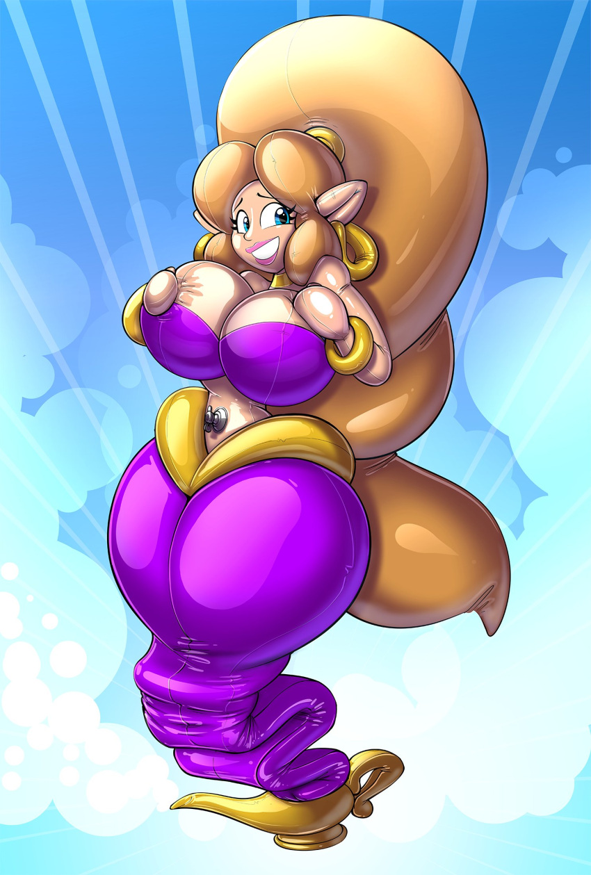 2022 animate_inanimate big_breasts breasts female genie glistening glistening_body hair hand_on_breast hi_res huge_breasts humanoid humanoid_pointy_ears implied_transformation inflatable living_inflatable magic_lamp not_furry nozzle ponytail redflare500 seam_(sewing) smile thick_thighs