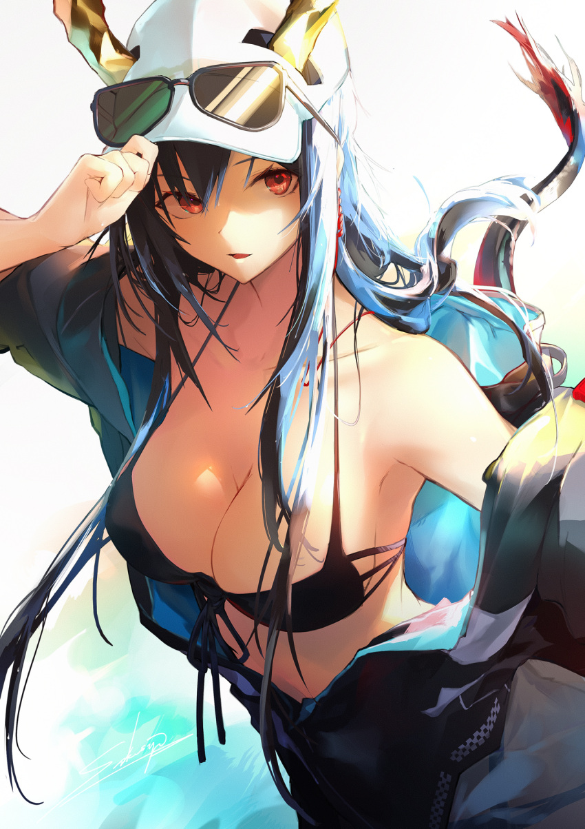 1girl adjusting_clothes adjusting_headwear arknights bangs bare_shoulders bikini black_bikini black_jacket blue_hair breasts ch'en_(arknights) ch'en_the_holungday_(arknights) cleavage commentary_request dragon_horns highres horns jacket large_breasts long_hair looking_at_viewer off_shoulder open_clothes open_jacket parted_lips partial_commentary red_eyes sakusyo smile solo swimsuit upper_body white_headwear
