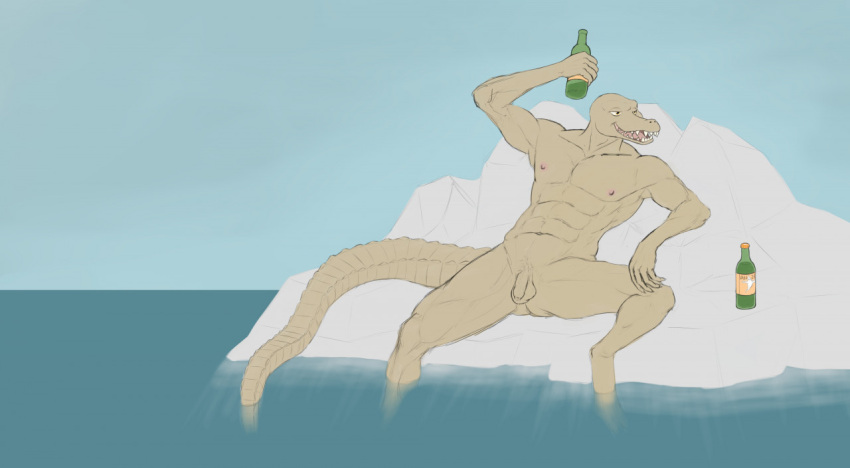 abs anthro biceps bottle casual_nudity crocodile crocodilian crocodylid flaccid foreskin genitals holding_object humanoid_hands ice iceberg looking_aside lying male maskopatol muscular muscular_anthro muscular_male nipples nude on_back open_mouth outside pecs penis relaxing reptile scalie small_penis smile solo spread_legs spreading teeth water