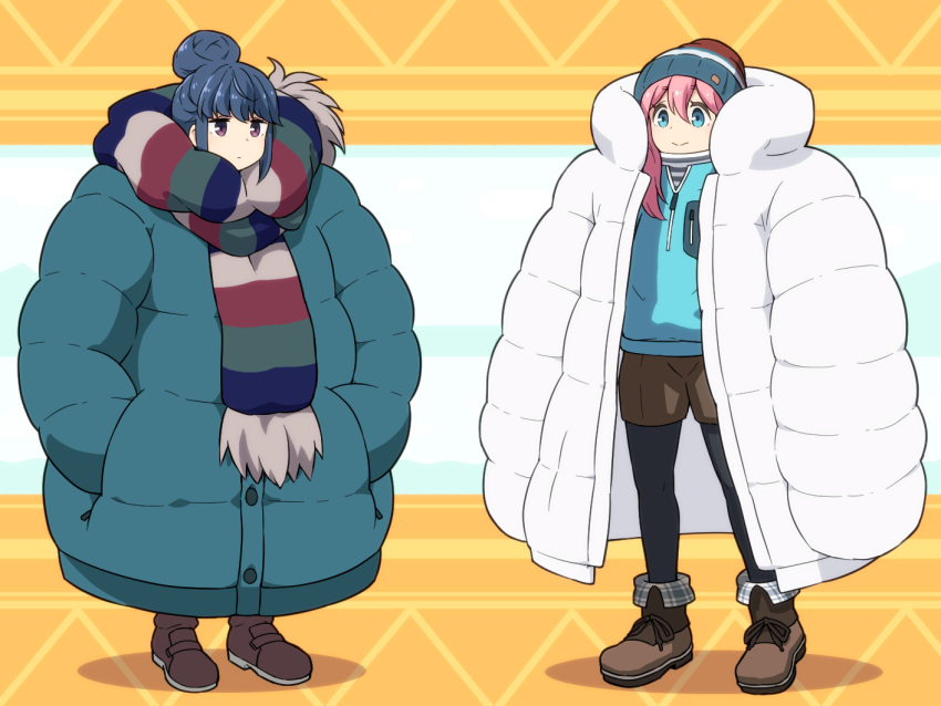 2girls bangs beanie black_legwear blue_eyes blue_hair blue_jacket boots brown_footwear brown_shorts commentary_request eyebrows_visible_through_hair hair_between_eyes hair_bun hands_in_pockets hat jacket kagamihara_nadeshiko long_hair multiple_girls open_clothes open_jacket oversized_clothes pantyhose pink_hair plaid purple_eyes scarf shima_rin shirosato short_shorts shorts standing striped striped_scarf white_jacket yurucamp