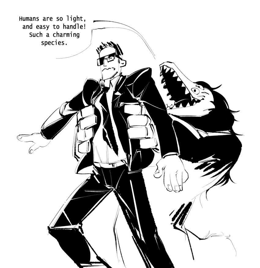 anthro black_and_white clothed clothing dialogue digital_drawing_(artwork) digital_media_(artwork) duo english_text eyewear fully_clothed gloves handwear hi_res holding_up human humanoid humor larger_male male mammal monochrome monster multi_eye reptile scalie scp-682 scp-682-b scp_foundation size_difference styx_nacht_ii suit sunglasses text the-hydroxian thick_fur trevor_moses