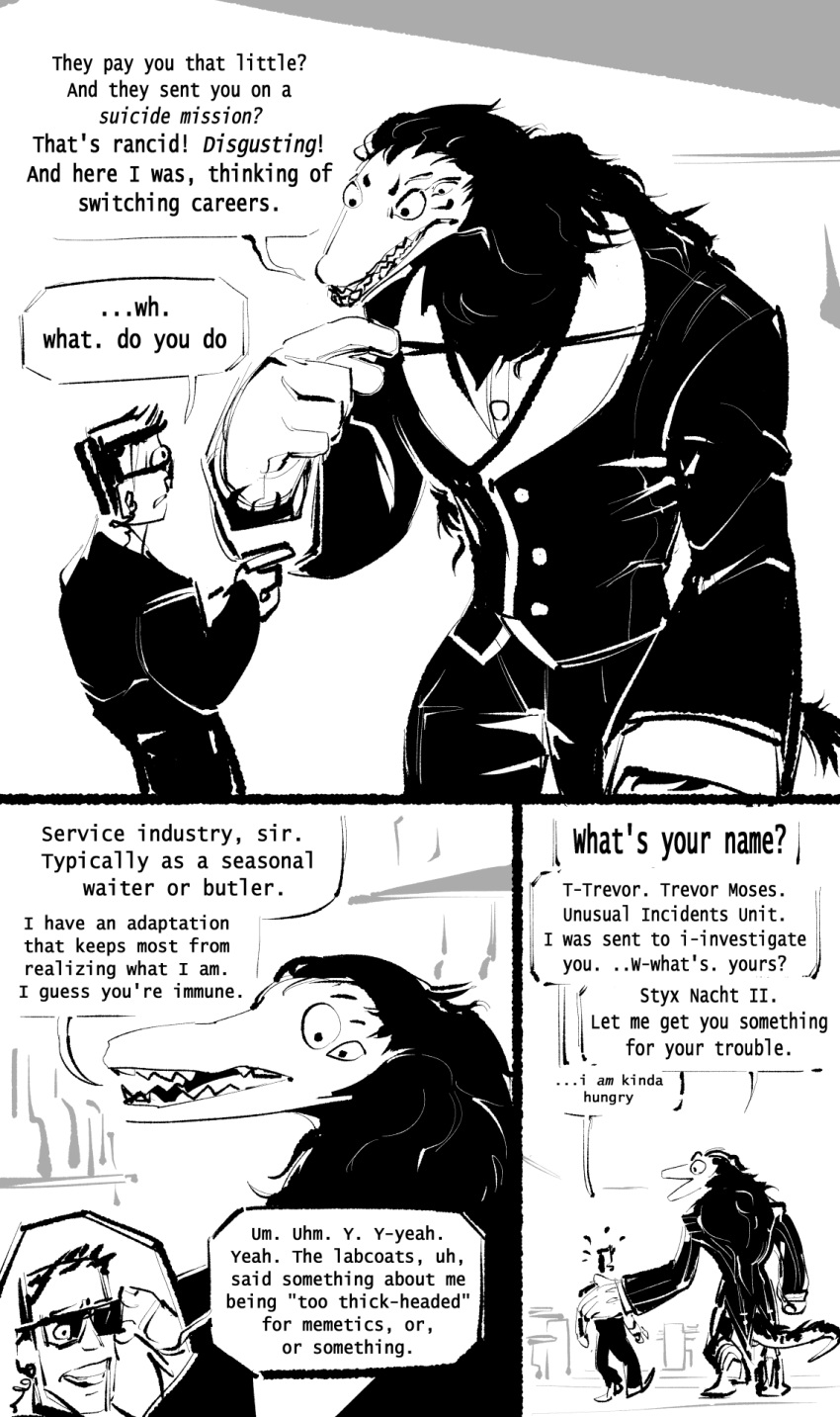 anthro black_and_white butler classy clothed clothing dialogue digital_drawing_(artwork) digital_media_(artwork) duo earpiece english_text eyewear fully_clothed gloves gun handwear hi_res human humanoid humor larger_male male mammal monochrome monster multi_eye ranged_weapon reptile scalie scp-682 scp-682-b scp_foundation size_difference styx_nacht_ii suit sunglasses text the-hydroxian thick_fur trevor_moses weapon