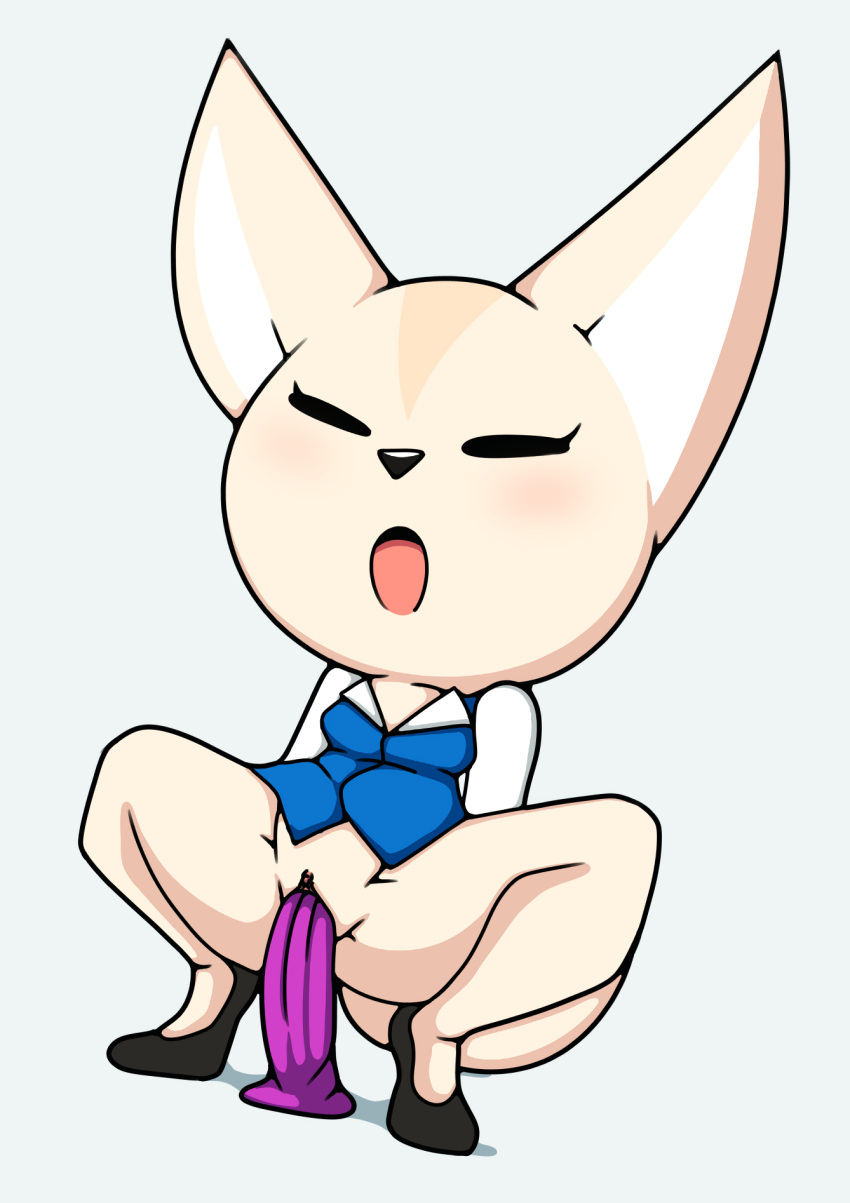 aggressive_retsuko anthro canid canine clothed clothing dildo dildo_insertion female fennec fenneko fox hi_res kcn mammal no_underwear partially_clothed sanrio sex_toy sex_toy_insertion simple_background solo spread_legs spreading