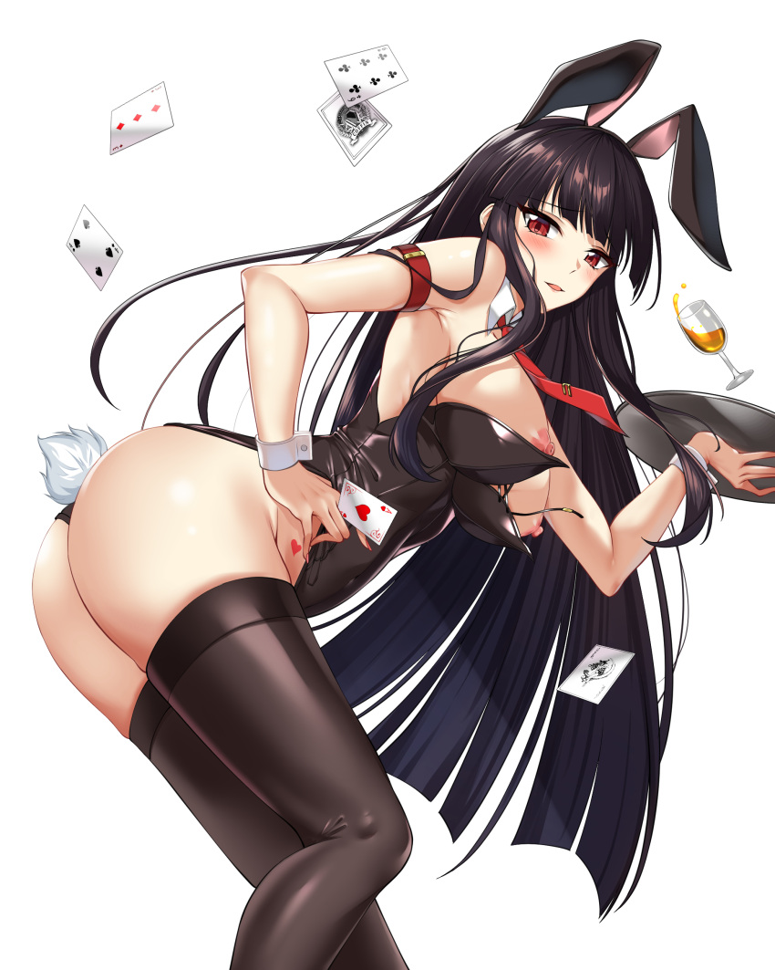 1girl absurdres ace_of_hearts animal_ears armband ass bangs bare_shoulders black_hair black_legwear black_leotard blunt_bangs blush breasts breasts_outside coffin counter:side cup detached_sleeves drinking_glass elze_(s01047480836) fake_animal_ears feet_out_of_frame four_of_spades hand_on_hip highleg highleg_leotard highres holding holding_tray korean_commentary leaning_forward leotard long_hair looking_at_viewer necktie nipples parted_lips playboy_bunny rabbit_tail red_eyes red_nails red_necktie shiny shiny_clothes shiny_hair sideboob simple_background solo spill strapless strapless_leotard tail thighhighs thighs three_of_diamonds tray white_background wine_glass wrist_cuffs