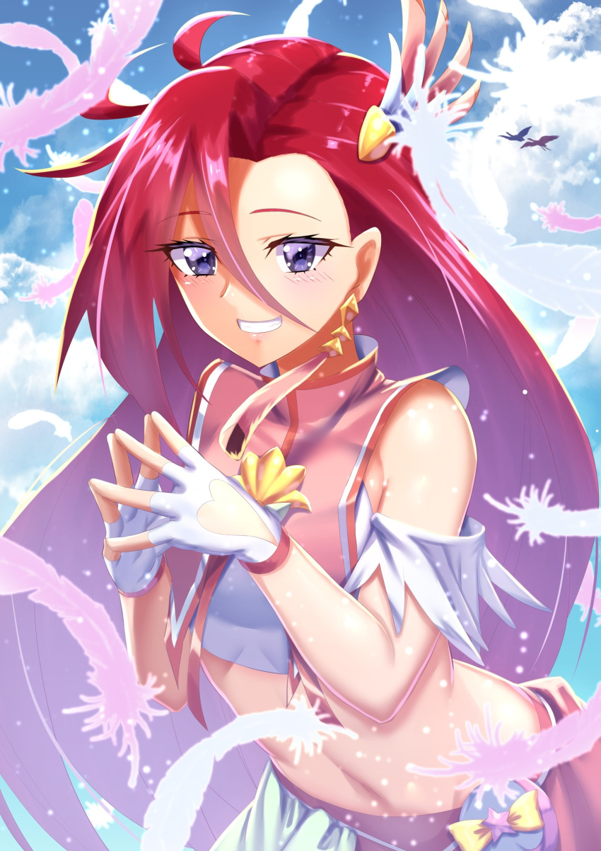 1girl absurdres bangs blue_eyes blush clothing_cutout crop_top cure_flamingo curecycadura earrings eyebrows_visible_through_hair fingerless_gloves gloves grin hair_between_eyes heart_cutout highres jewelry leaning_forward long_hair midriff navel pink_sailor_collar precure red_hair sailor_collar shiny shiny_hair sleeveless smile solo standing stomach tropical-rouge!_precure very_long_hair white_gloves
