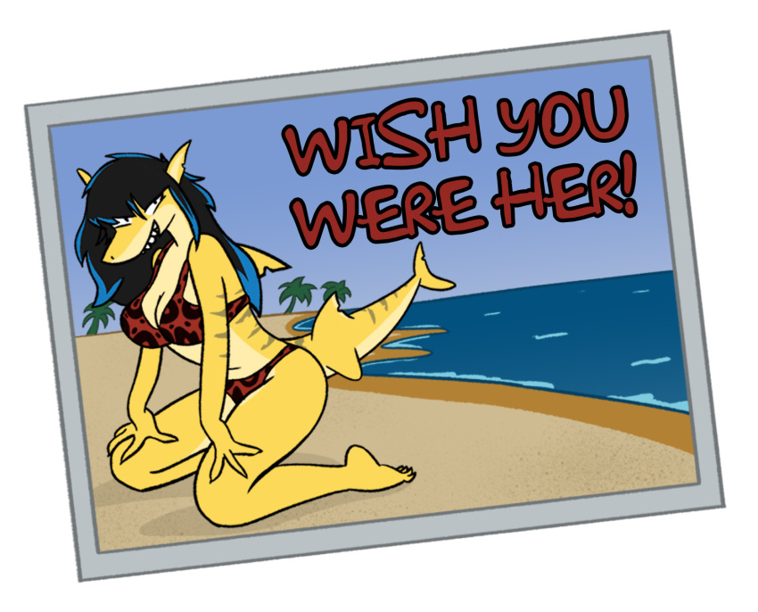 anthro barefoot beach big_breasts bikini bikini_bottom bikini_top black_hair breasts cleavage clothed clothing coolguy205 curvaceous curvy_figure feet female fin fish hair hands_on_own_legs hi_res humor kneeling leaning leaning_forward long_hair looking_at_viewer marine markings outside palm_tree plant postcard sand seaside seductive shark smile smiling_at_viewer solo swimwear text the_simpsons tree voluptuous water yellow_body