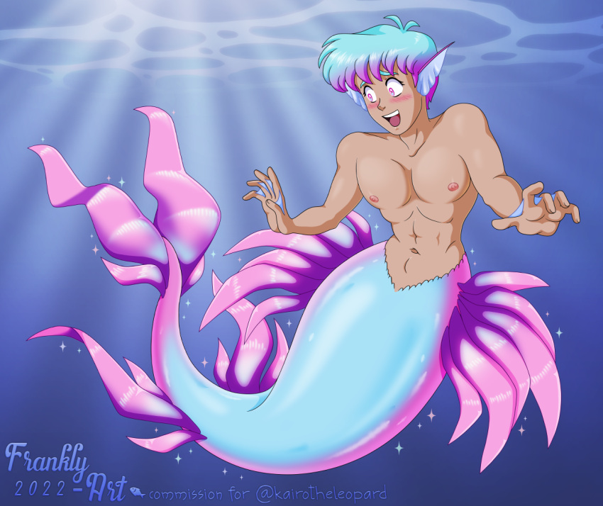 after_transformation animal_humanoid blush cyan ear_fins fin frankly-art girly hair humanoid male marine marine_humanoid marine_taur membrane_(anatomy) merfolk navel nipples pecs pink short_hair smile solo sparkles split_form taur transformation under_sea water webbed_hands