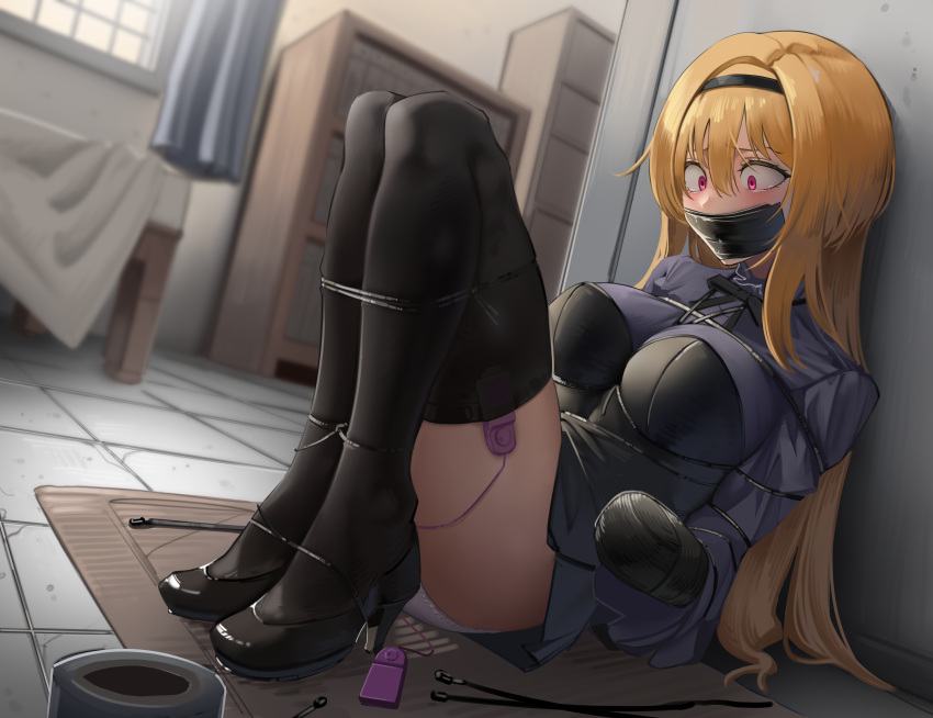 1girl absurdres bdsm black_legwear blonde_hair blush bondage bound breasts commission gag hair_ornament harris_hero high_heels highres idolmaster idolmaster_cinderella_girls idolmaster_cinderella_girls_starlight_stage improvised_gag kidnapped kurosaki_chitose large_breasts long_hair panties pink_eyes restrained second-party_source sex_toy skirt solo tape tape_gag thighhighs underwear very_long_hair vibrator vibrator_in_thighhighs white_background white_panties