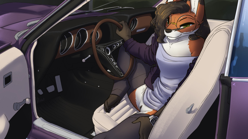 bottomless brown_body brown_fur brown_hair canid canine car clothed clothing eyewear feretta ford ford_mustang fox fur genitals glasses green_eyes hair hi_res hoodie looking_at_viewer mammal mirial_mon_siviel orange_body orange_fur pussy red_fox shirt spread_legs spreading topwear vehicle white_body white_fur