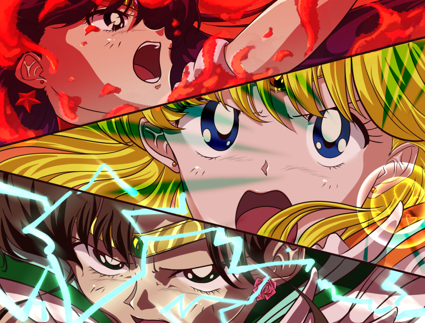 3girls bishoujo_senshi_sailor_moon blonde_hair blue_eyes brown_hair earrings face flower_earrings highres jewelry magical_girl multiple_girls nose open_mouth retro_artstyle sailor_jupiter sailor_mars sailor_venus t_(moguro) teeth tiara