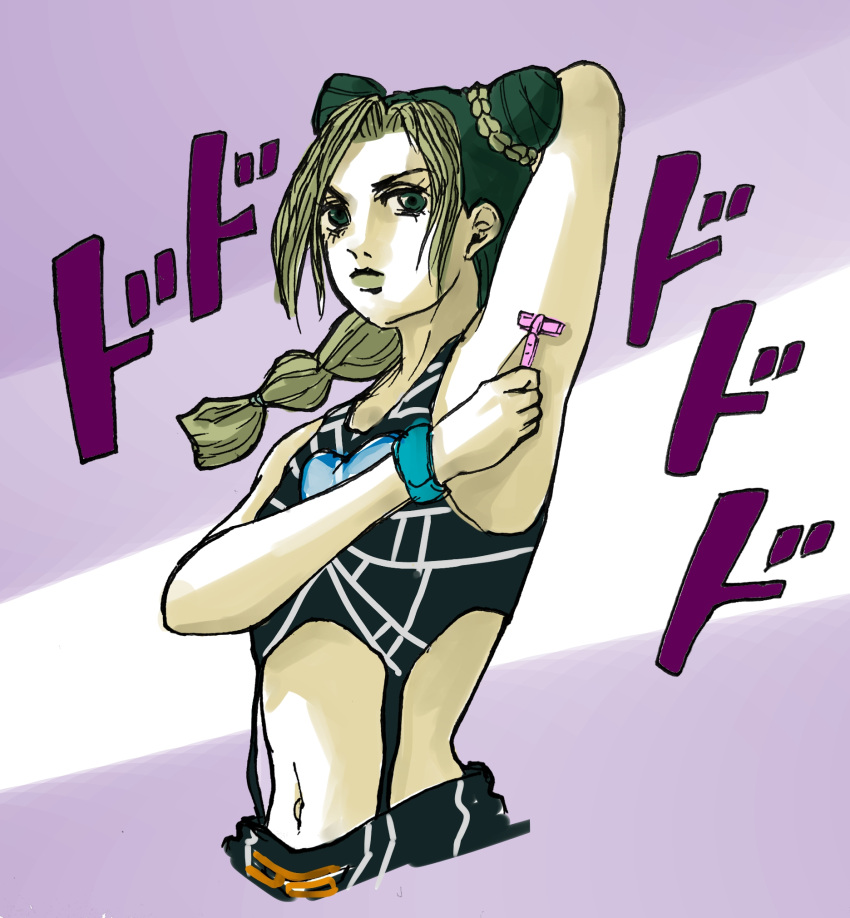 arm_behind_head arm_up armpits blonde_hair braid double_bun green_eyes green_hair green_lips heart highres jojo_no_kimyou_na_bouken kujo_jolyne md5_mismatch menacing_(jojo) navel purple_background shaving spider_web_print stone_ocean white_background