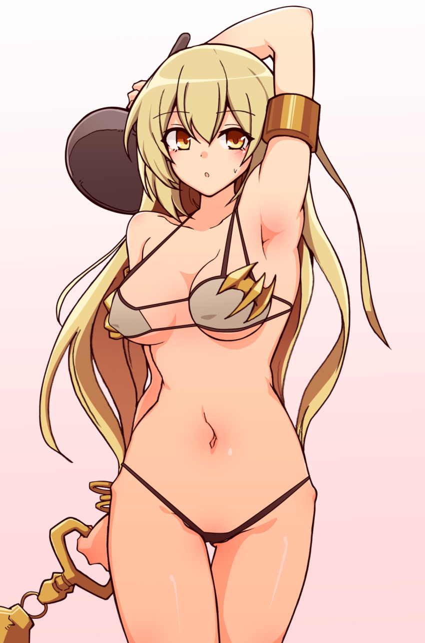 aim_(megido72) arm_behind_head armlet armpits bangle bikini blonde_hair body_blush bracelet breasts eyebrows_visible_through_hair hair_between_eyes highres jewelry long_hair medium_breasts megido72 navel simple_background skillet string_bikini sun_droplet sweat swimsuit yellow_eyes