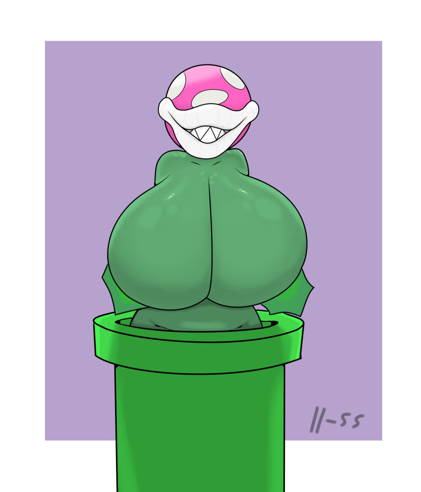 anthro big_breasts breasts elemental_creature elemental_humanoid eyeless featureless_breasts female flora_fauna green_body hi_res huge_breasts humanoid lips ll-ss mario_bros nintendo non-mammal_breasts pink_body pink_skin pipe piranha_plant plant plant_humanoid presenting presenting_breasts sharp_teeth signature smile solo spots teeth thick_lips video_games warp_pipe white_lips white_spots