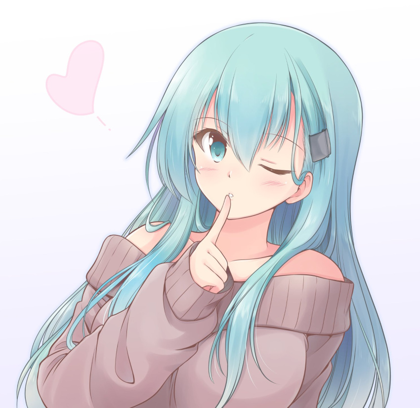 1girl aqua_eyes aqua_hair blush brown_sweater collarbone eyebrows_visible_through_hair finger_to_mouth gradient gradient_background hair_between_eyes heart highres icesherbet kantai_collection long_hair long_sleeves off-shoulder_sweater off_shoulder one_eye_closed parted_lips shushing solo suzuya_(kancolle) sweater upper_body