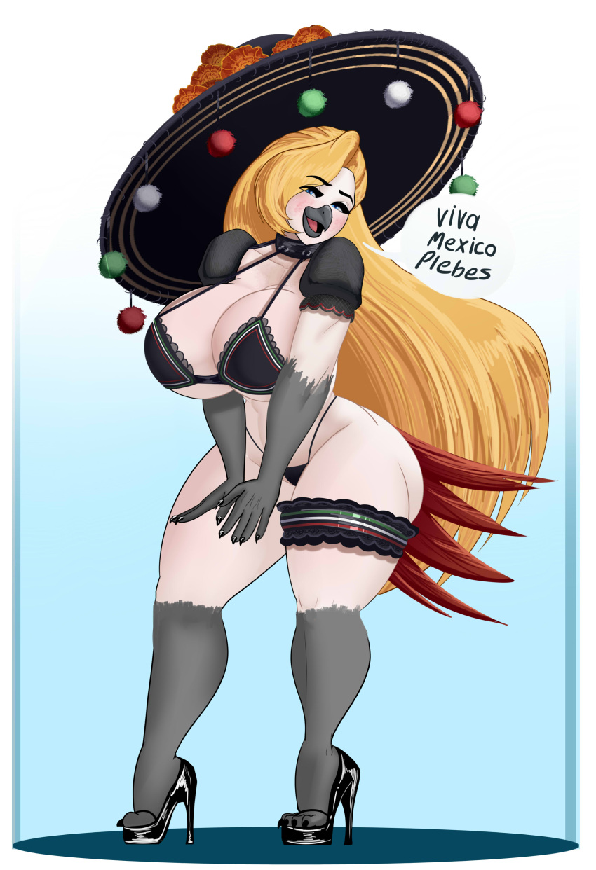 absurd_res anthro avian big_breasts bird blonde_hair bra breasts cleavage clothed clothing female hair hat headgear headwear hi_res legband pancarta panties solo sombrero thighband underwear wide_hips
