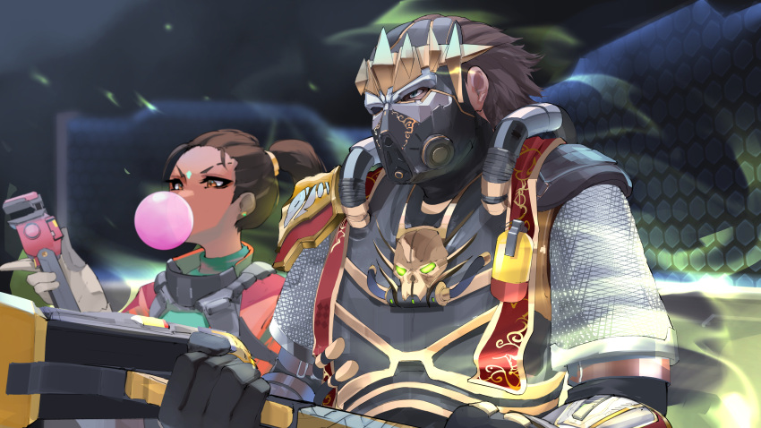 1boy 1girl absurdres apex_legends brown_eyes caustic_(apex_legends) chewing_gum chinese_commentary dark-skinned_female dark_skin facial_mark forehead_mark gloves green_eyes grey_gloves hair_behind_ear hair_slicked_back hammer highres holding holding_hammer holding_wrench mask official_alternate_costume ponytail prince_of_darkness_caustic rampart_(apex_legends) reborns v-shaped_eyebrows wrench
