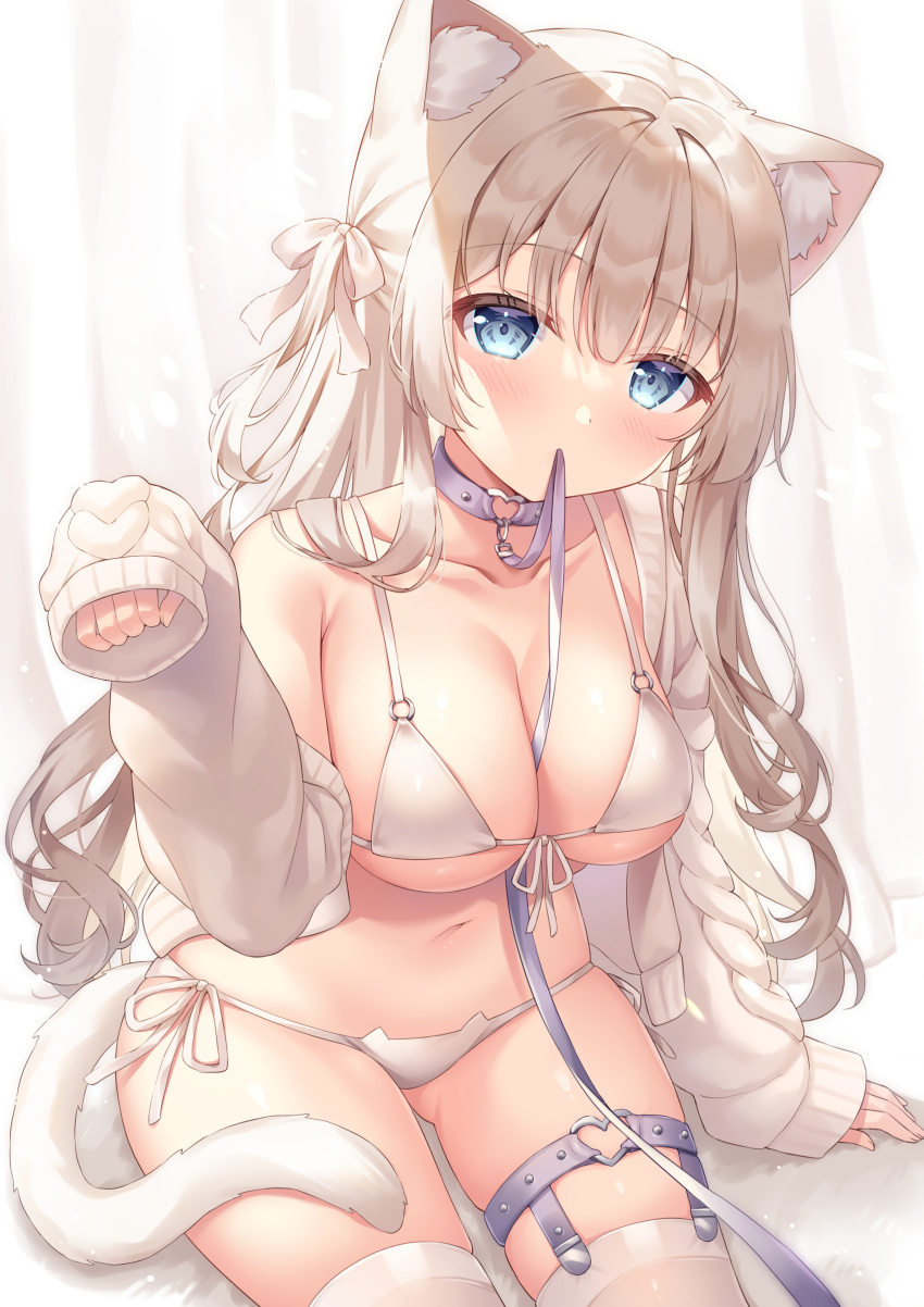 1girl absurdres animal_ears ass_visible_through_thighs bare_shoulders between_breasts bikini blue_eyes breasts brown_hair cat_ear_bikini cat_ears cat_girl cat_tail cleavage collarbone front-tie_bikini front-tie_top hand_up highres jacket large_breasts leash long_hair looking_at_viewer mouth_hold navel o-ring o-ring_bikini off_shoulder open_clothes open_jacket original shiono_(0303) side-tie_bikini sitting sleeves_past_fingers sleeves_past_wrists solo stomach string_bikini swimsuit tail thigh_strap thighhighs thighs very_long_hair white_bikini white_jacket white_legwear