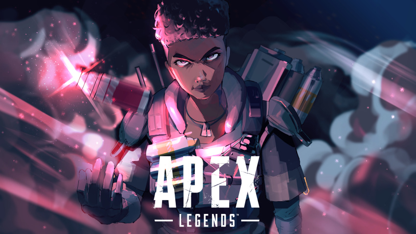 1girl absurdres apex_legends armor bangalore_(apex_legends) brown_eyes brown_hair copyright_name curly_hair dark-skinned_female dark_skin explosive flare grenade head_tilt highres logo reborns short_hair smoke solo upper_body v-shaped_eyebrows