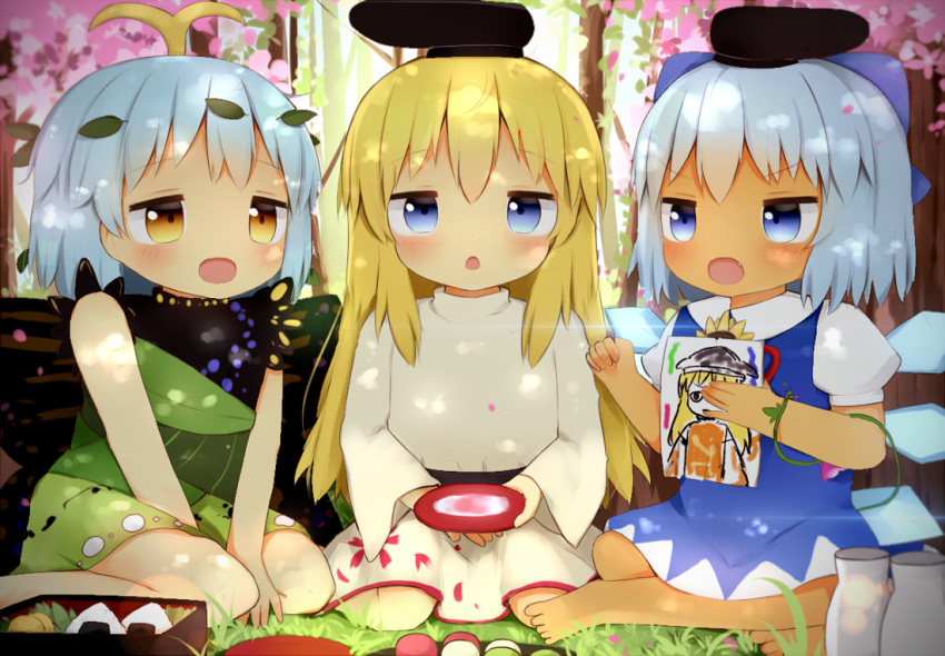 3girls alcohol antidote aqua_hair barefoot black_headwear blonde_hair blue_dress blue_eyes blue_hair blush butterfly_wings cherry_blossoms cirno collared_shirt cup detached_wings dress eternity_larva eyebrows_visible_through_hair fairy fang flower food green_dress hair_between_eyes hat holding holding_cup holding_paper ice ice_wings lily_white long_hair long_sleeves matara_okina morning_glory multicolored_clothes multicolored_dress multiple_girls onigiri open_mouth paper pink_flower sakazuki sake shirt short_hair single_strap sunflower tanned_cirno touhou tree white_dress white_shirt wings yellow_eyes yellow_flower