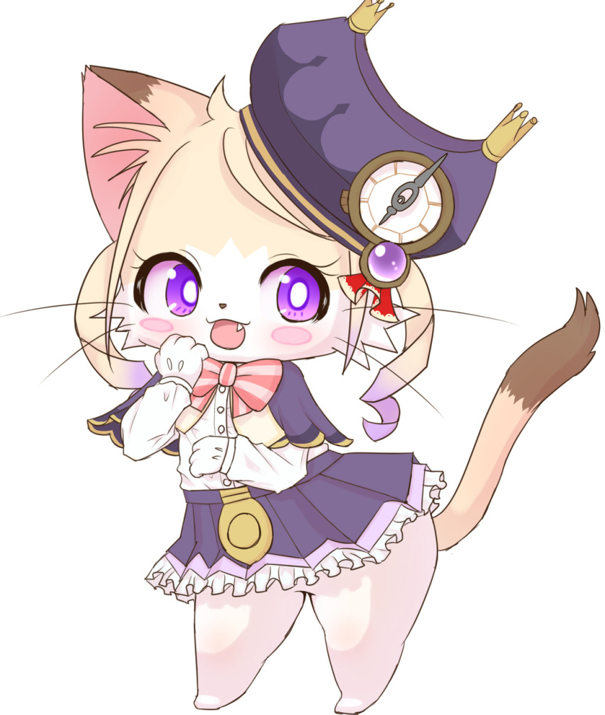 anthro blush blush_stickers bottomwear bunnag cat_busters chrona_(cat_busters) clothing cute_fangs domestic_cat drill_curls felid feline felis girly gloves hair handwear hat headgear headwear hi_res looking_away male mammal open_mouth purple_eyes simple_background skirt solo standing thick_thighs white_background