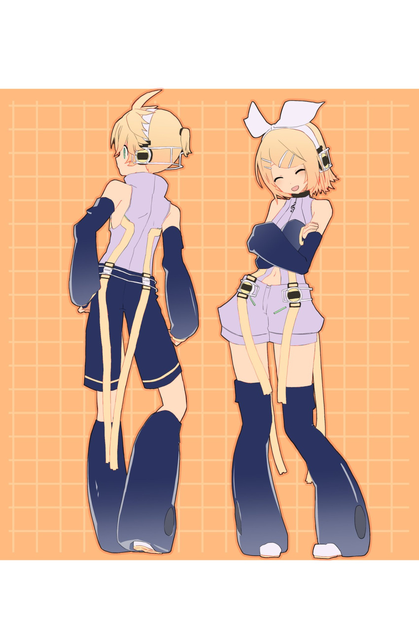 1boy 1girl bangs bare_shoulders belt black_legwear black_shorts black_sleeves blonde_hair blue_eyes bow closed_eyes clothing_cutout contrapposto crossed_arms d_futagosaikyou detached_sleeves from_behind full_body grey_shirt grid_background hair_bow hair_ornament hairclip headphones highres kagamine_len kagamine_len_(append) kagamine_rin kagamine_rin_(append) leg_warmers looking_away looking_to_the_side navel open_mouth orange_background pendant_choker shirt short_hair short_ponytail short_shorts shorts sleeveless sleeveless_shirt smile spiked_hair standing stomach_cutout swept_bangs treble_clef vocaloid vocaloid_append white_bow white_shorts