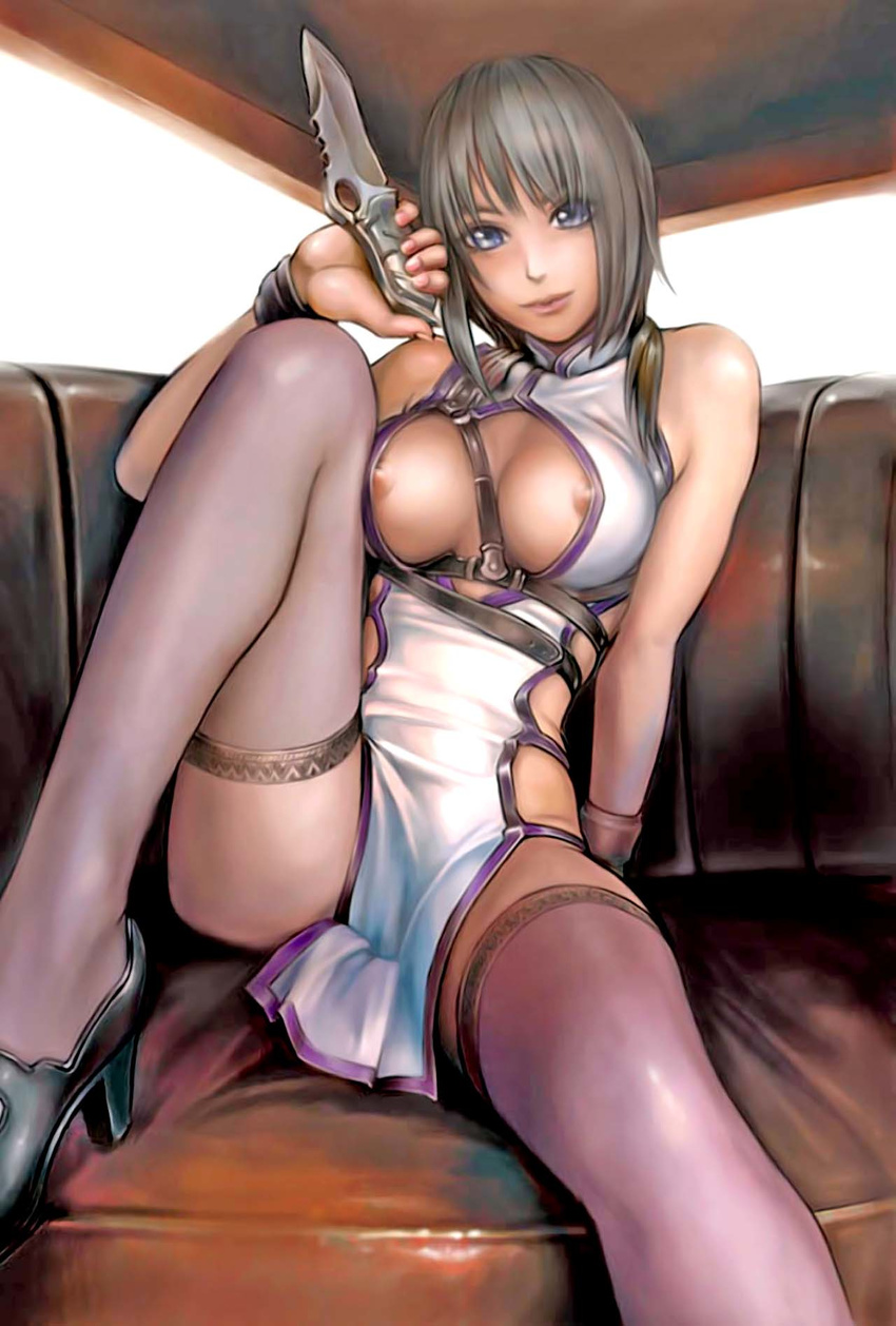 arm_support bangs blue_eyes breasts center_opening china_dress chinese_clothes cleavage_cutout dress hentai highres illustration knife kuratch lace lace-trimmed_thighhighs large_breasts lips looking_at_viewer nipple_slip nipples no_bra no_panties original realistic reverse_grip side_slit sitting soft_core solo thighhighs vehicle